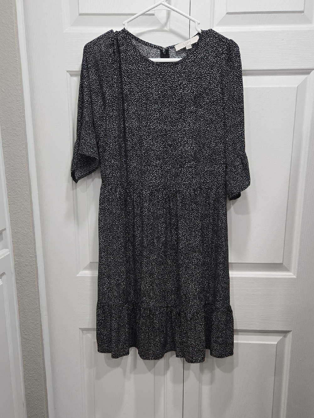 LOFT Black & White Micro Dot Midi Dress with Ruffle